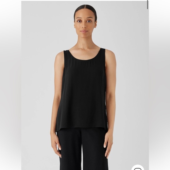 Eileen Fisher Silk Georgette Crepe Ballet Neck Tank Small Basic Black Tank Top - Picture 1 of 11